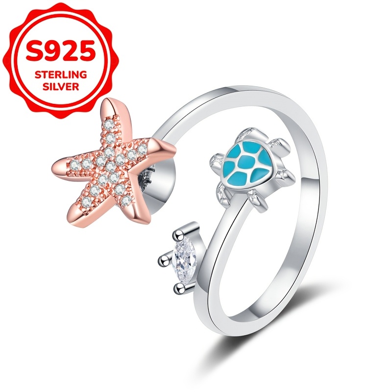 Women's S925 Silver Turtle Star Rotating Ring